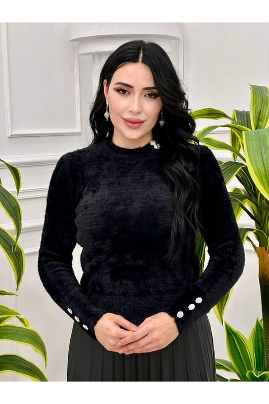 Kol Manjeti Düğmeli Kazak 7521-Siyah