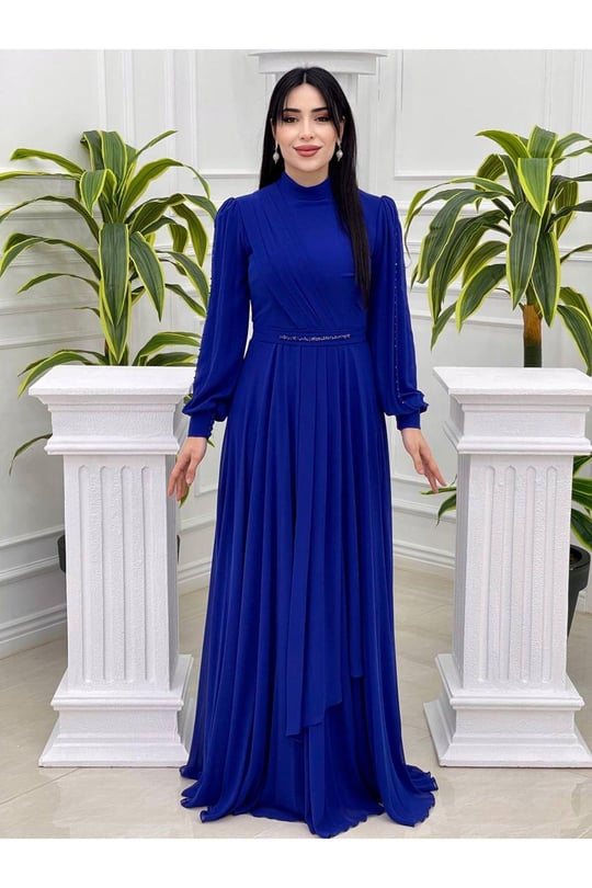 Kol Pencere Şifon Elbise 12385-Saks