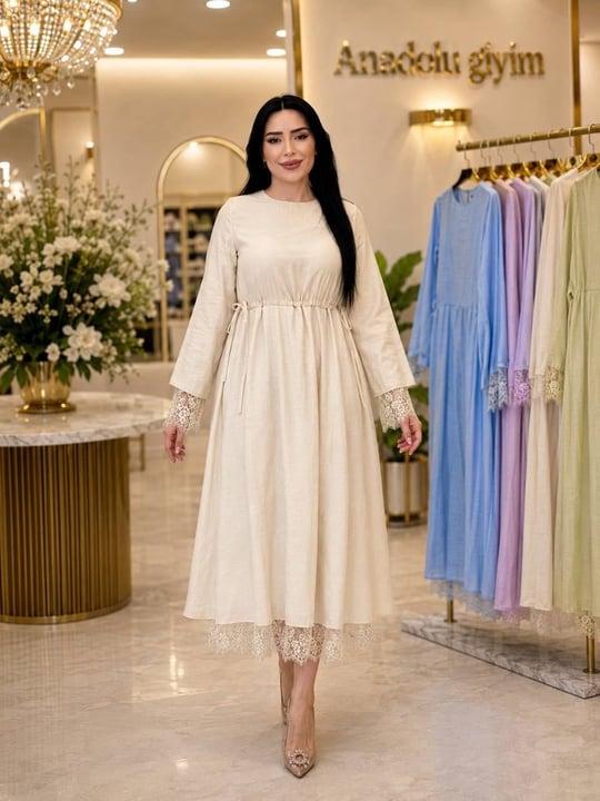 Kol Ucu Güpür Bel Büzme Yaz Elbisesi 32466 T-26 Bej