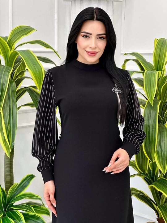 Kolları Çizği Detay Krep Elbise 930 t-24 Siyah
