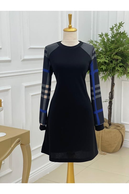 Kolları Ekose Tunik 722-Siyah Mavi