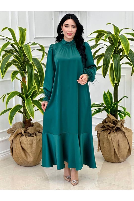 Kolu Tüylü Saten Elbise 9137-Yeşil