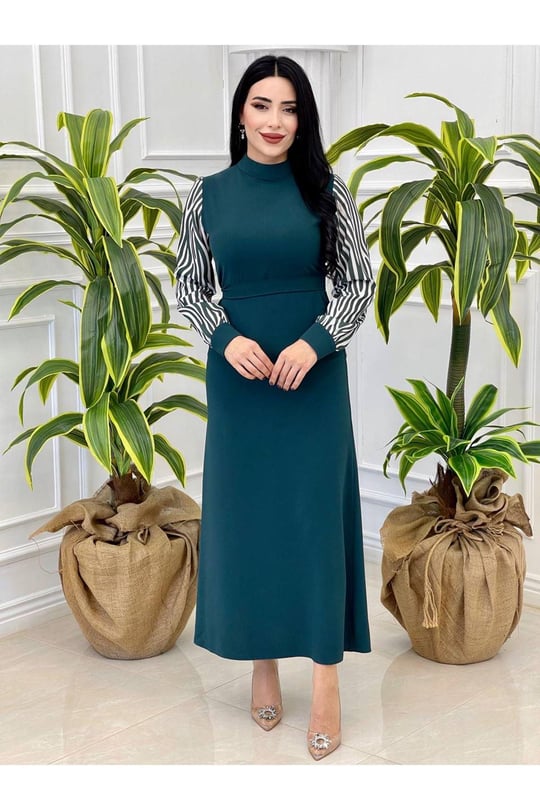 Kolu Zebra Elbise 638-Yeşil