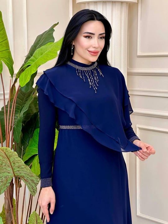 Kolye Detay Şifon Elbise 0651 t-24 Lacivert