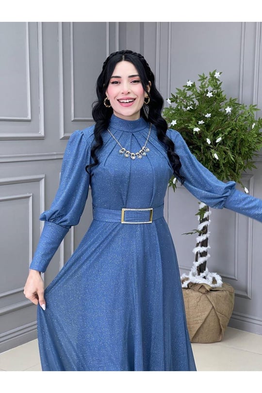 Kolyeli Simli Elbise 3873-Mavi