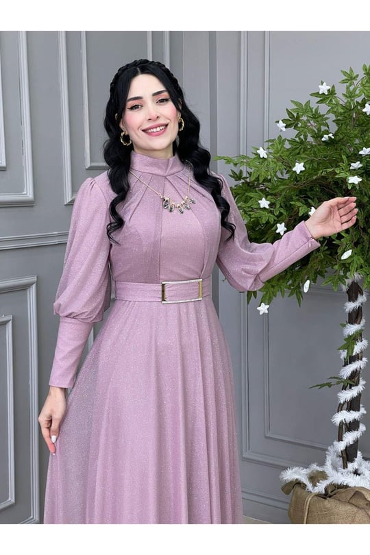 Kolyeli Simli Elbise 3873-Purdra