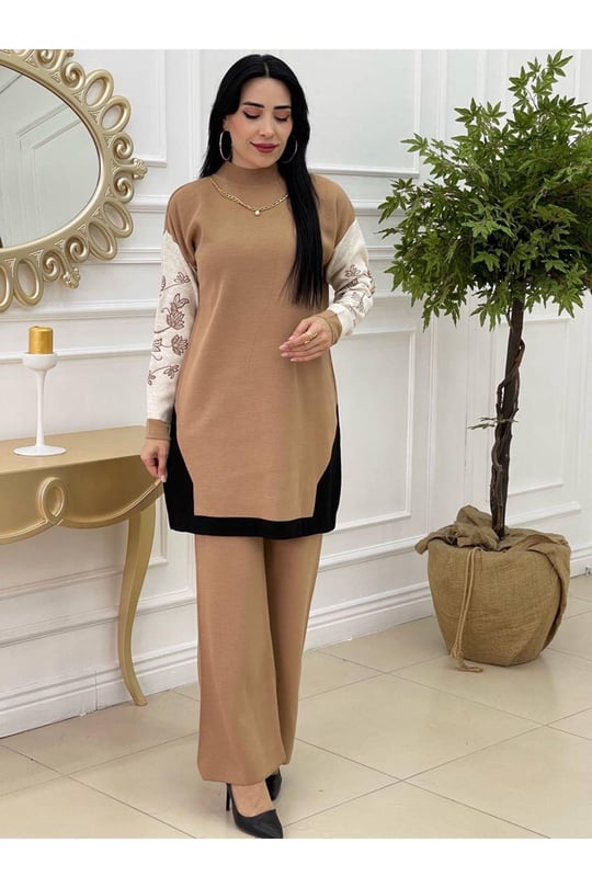 Kolyeli Triko Takım 9333-Vizon