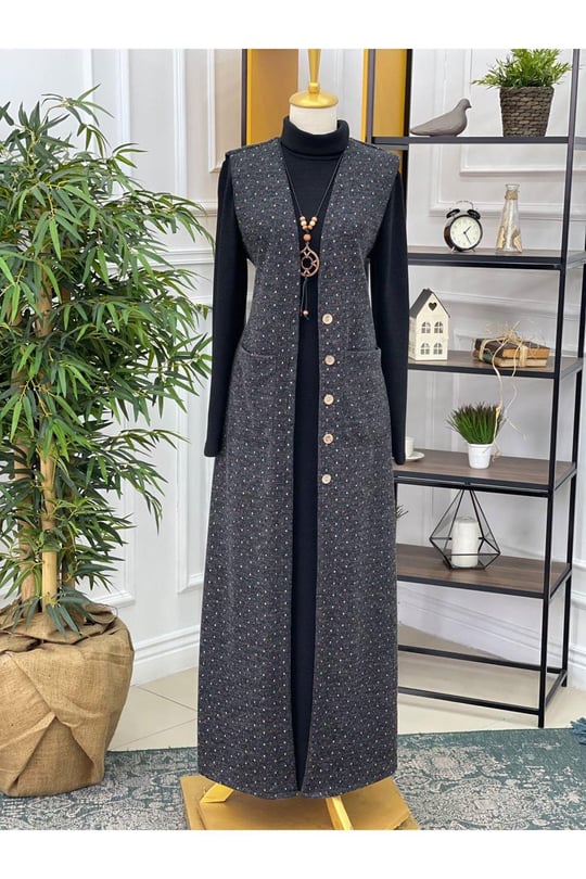 Küçük Puantiyeli Anne Elbise 3821-Siyah