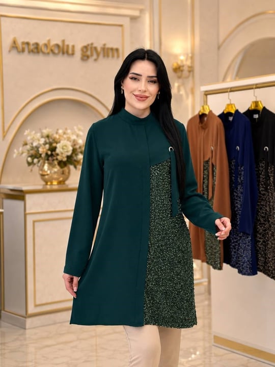 Kuş Gözü Fular İşlemeli Tunik 2201 T-26 Zümrüt Yeşil