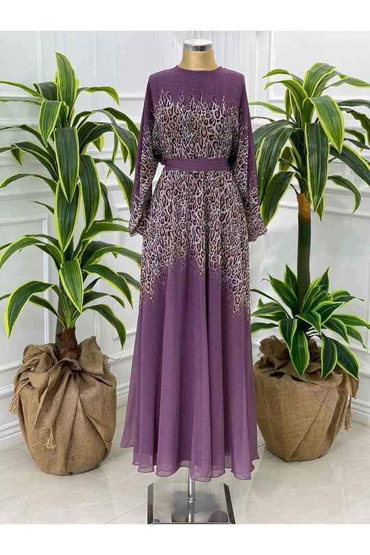 Leopar Geçişli Şifon Elbise 3982-Leylak