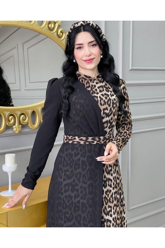 Leopar Şifon Kapak Elbise 3243-Siyah