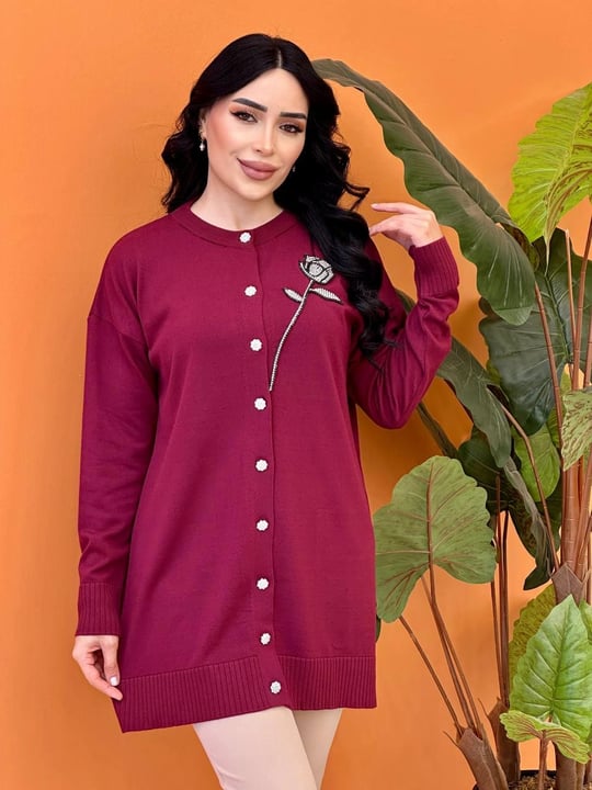 Merserize Göğüs Çiçek Motifli Hırka 140342 T-25 Bordo