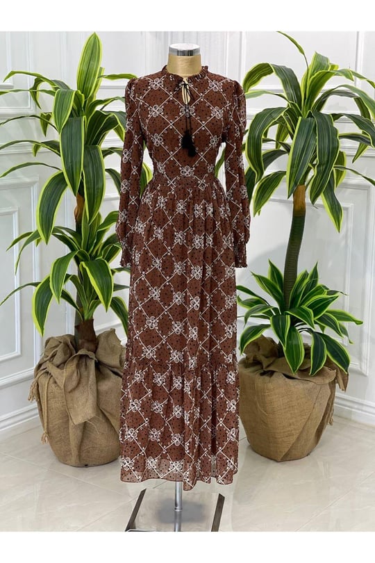 Minik Puantiye Elbise 3788-Taba
