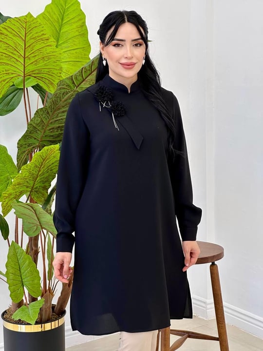 Omuz Çift Çiçek Tunik 2140 Siyah