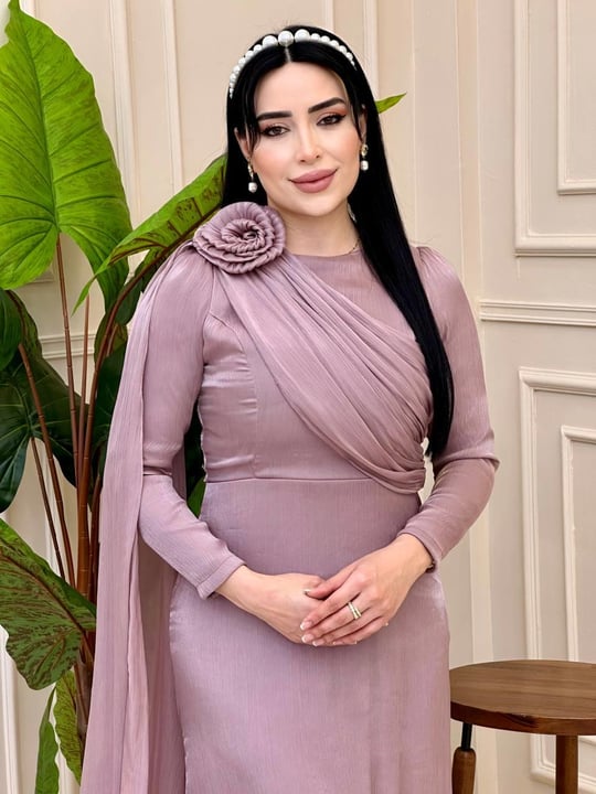 Omuz Gül İpek Şifon Elbise 4672 e-25 Pudra