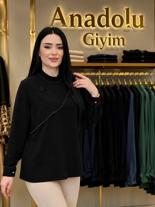 Omuz Kapak Boncuk Şerit Gömlek 1159 T-26 Siyah