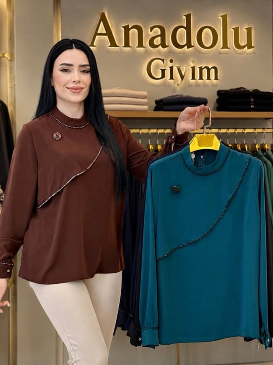 Omuz Kapak Boncuk Şerit Gömlek 1159 T-26 Kahverengi