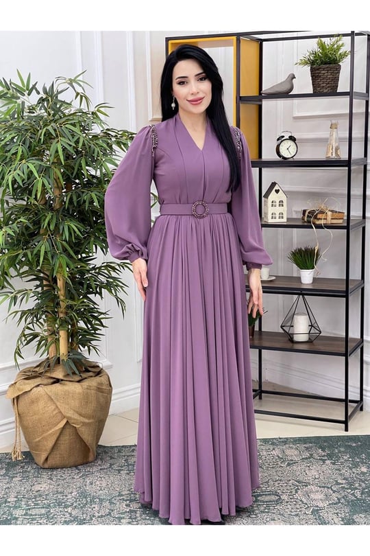 Omuz Sıra Boncuk Şifon Elbise 12328-Leylak