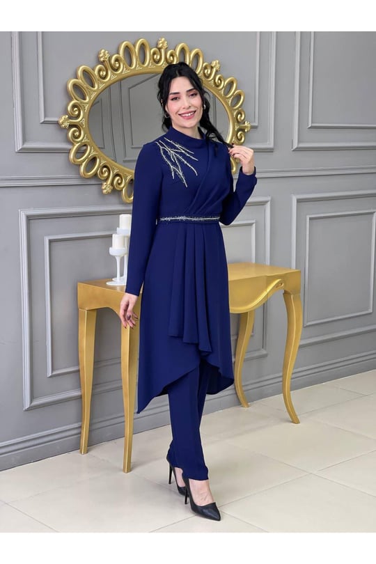 Omuz Taşlı Tunik Takım 4725-Saks