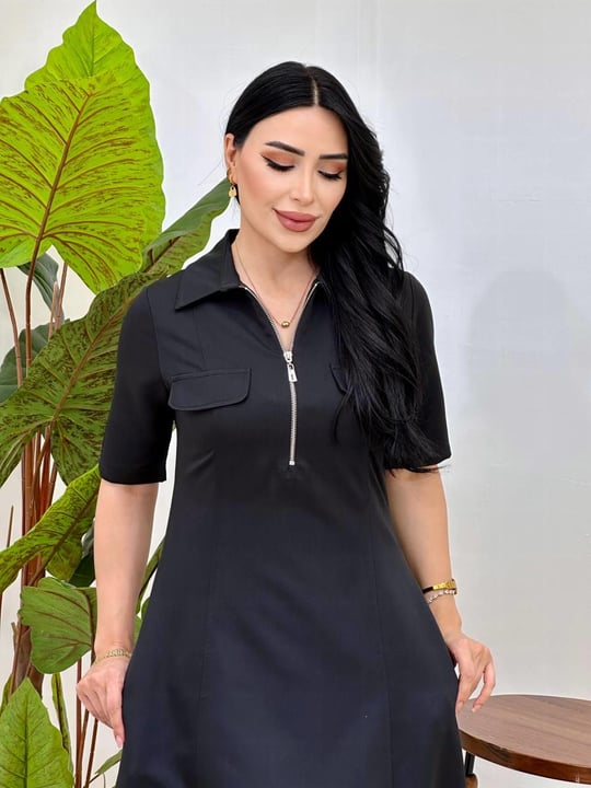Önden Fermuarlı Midi Boy Elbise 5249 T-25 Siyah