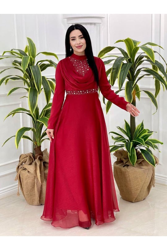 Önü Degaje Jan Jan Elbise 3866-Kırmızı