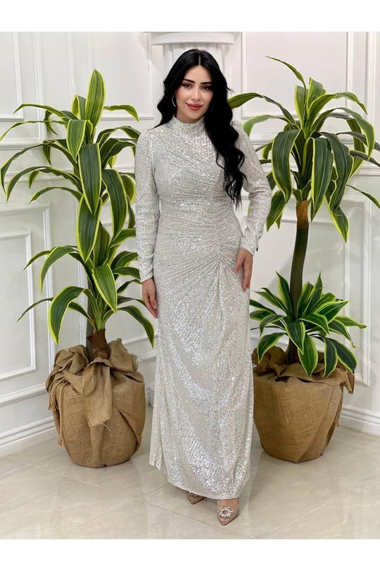 Önü Drape Payet Elbise 4258-Bej