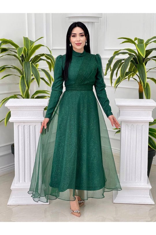 Önü Drape Simli Tül Elbise 4279-Yeşil