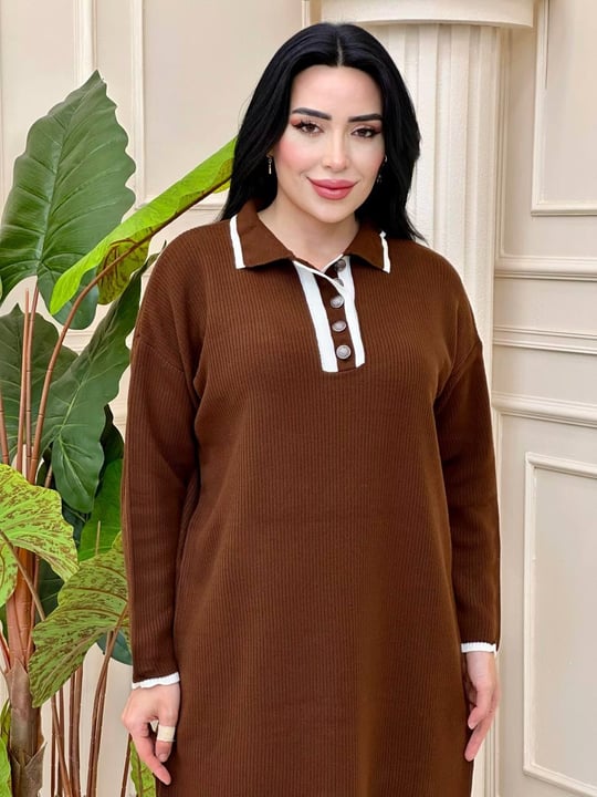 Önü Düğmeli Triko Elbise 3077 t-24 Kahverengi