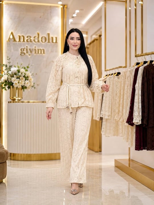 Örgü Kemer Güpür Pantolon'lu Takım 1823 T-26 Ekru