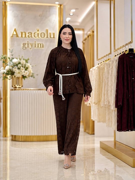Örgü Kemer Güpür Pantolon'lu Takım 1823 T-26 Kahverengi