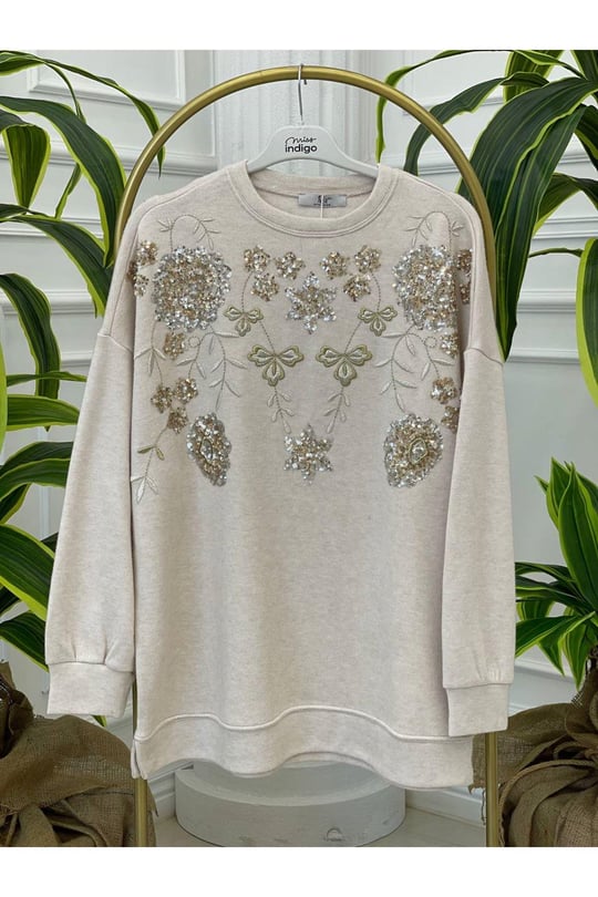 Palet Nakışlı Oversize Bluz 1486-Beyaz