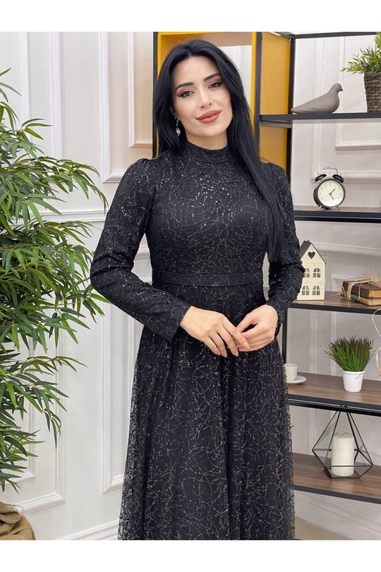 Payetli Elbise 3874-Siyah