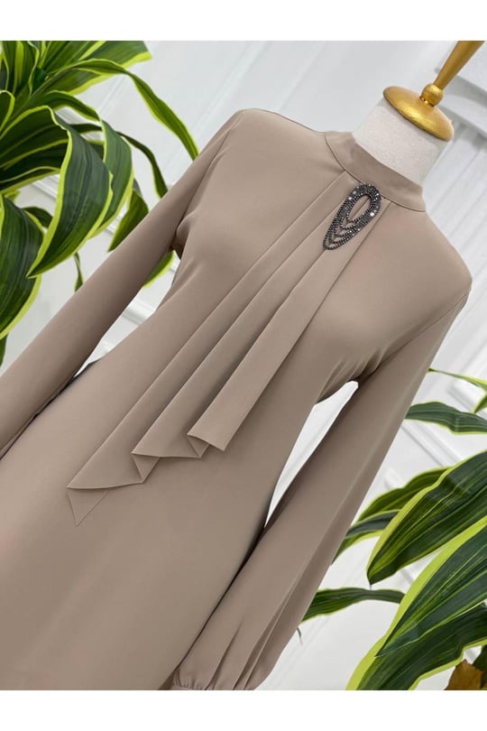 Pile Kravatlı Tunik 6376-Bej