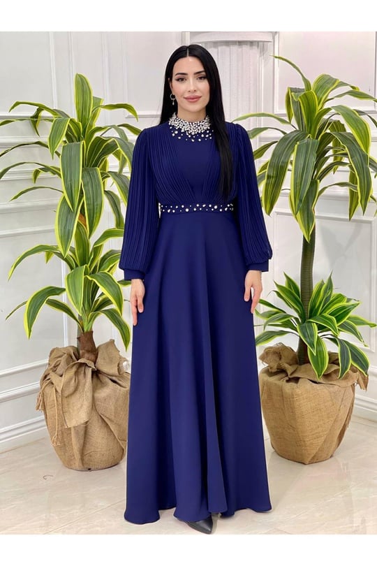 Pilise Kol İncili Elbise 3793-Saks