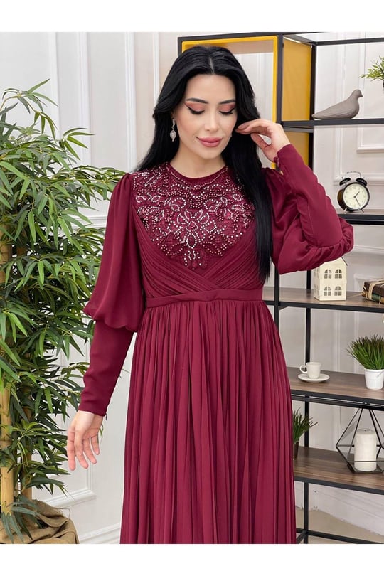 Piliseli Abiye 3078-Bordo