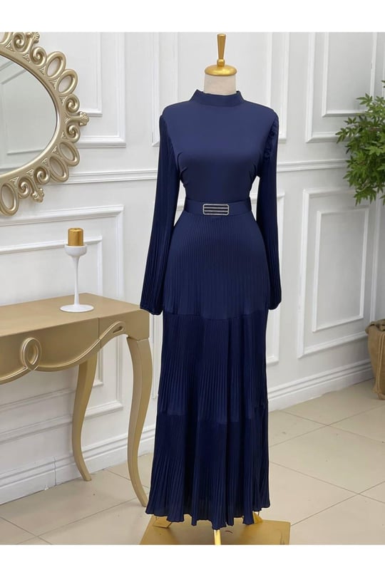 Piliseli Saten Elbise 3621-Lacivert