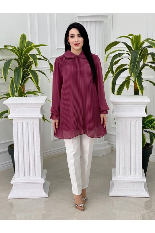 Piliseli Şifon Tunik 2062-Rose