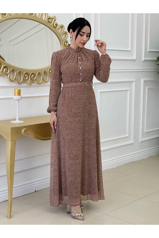 Puantiyeli Elbise 2809-Taba