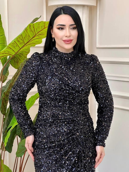 Pullu Belden Büzmeli Abiye 4880 t-24 Siyah