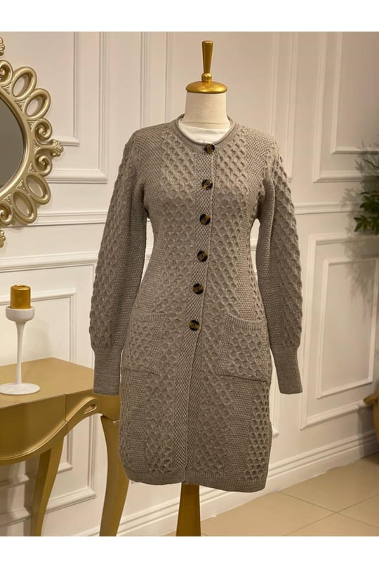 Saç Örgü Hırka 2982-Taş