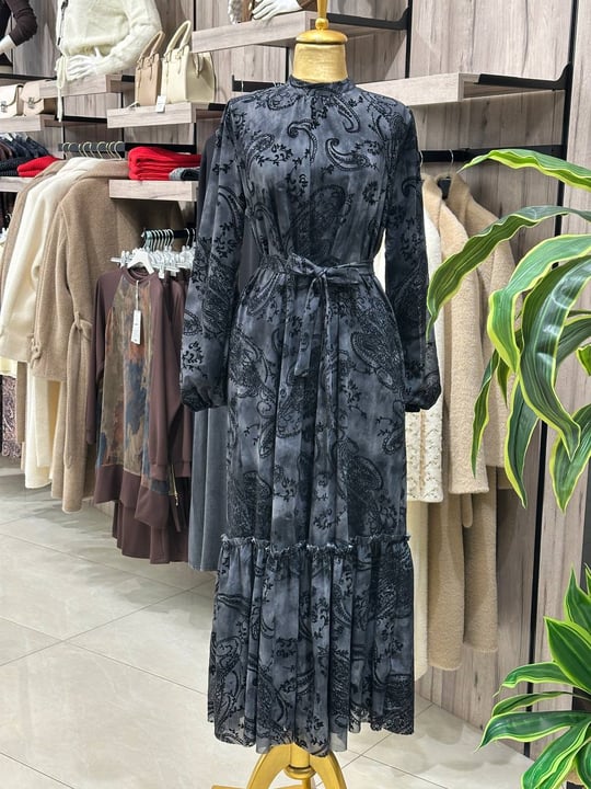 Şal Desen Bağlama Elbise 1603 T-26 Antrasit