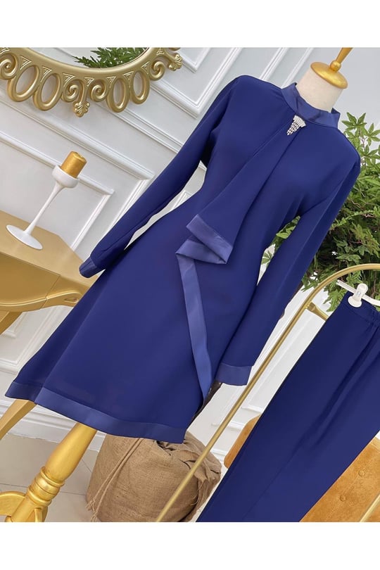 Saten Detay Tunik Takım 4728-Saks