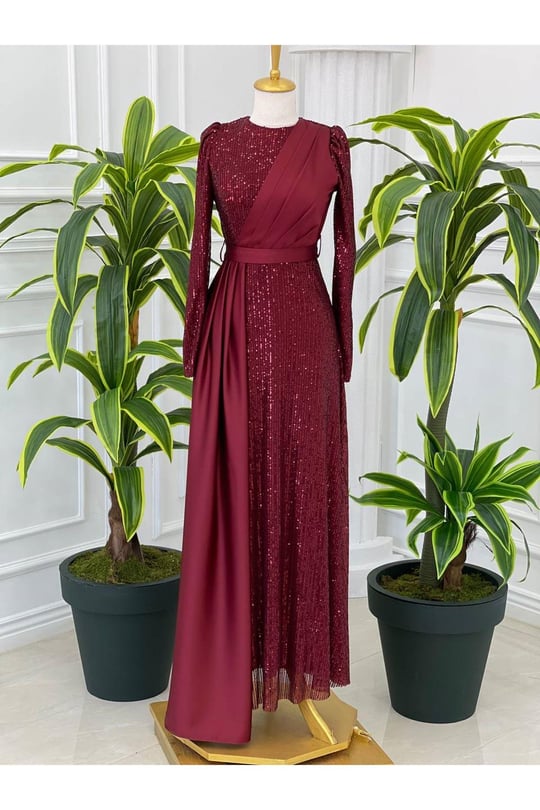 Saten Detaylı Payet Elbise 4054-Bordo