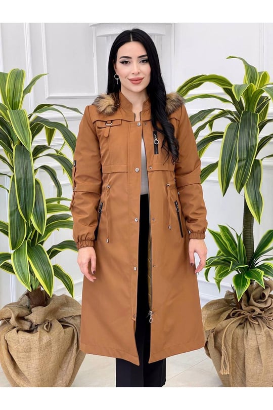 Şeritli Fermuar Parka Kaban 4222-Taba