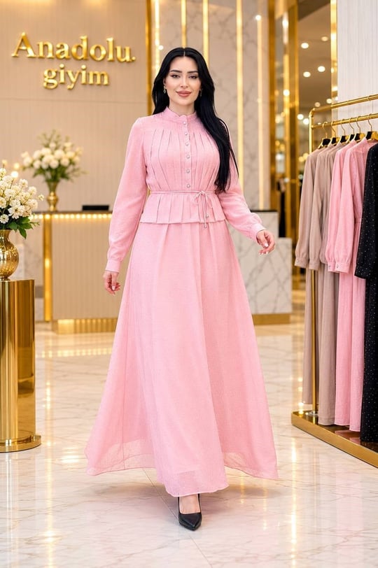 Serpme Taş Takım Görünümlü Elbise 2082 T-26 pembe