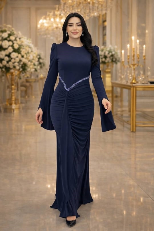 Seyyar Boyunluk Eteği Drape Abiye 5499 T-26 Lacivert
