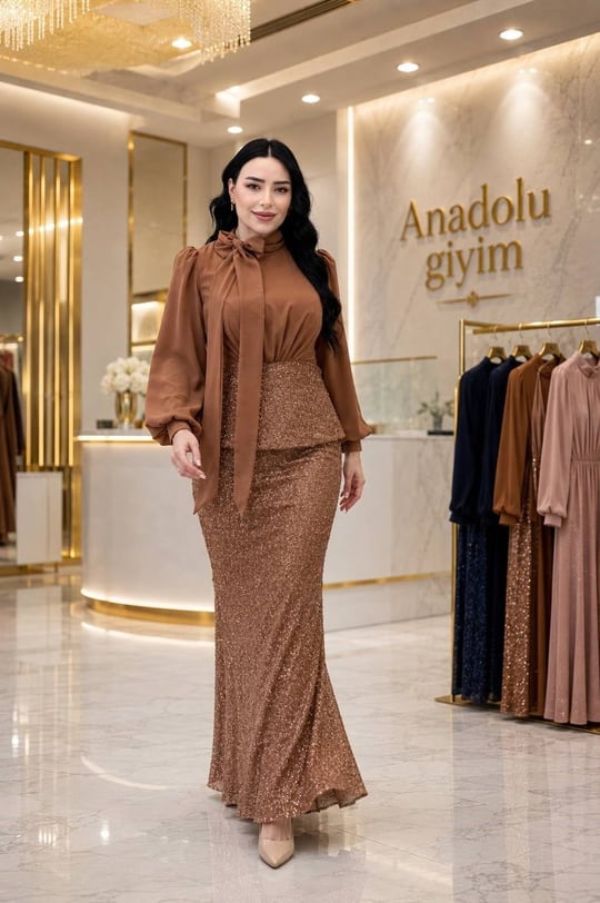 Şifon Fularlı Işıltılı Etekli Takım 5528 T-26 Taba