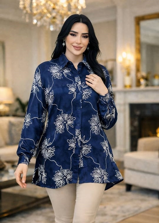 Şık Desenli Saten Gömlek 250356 T-26 Lacivert