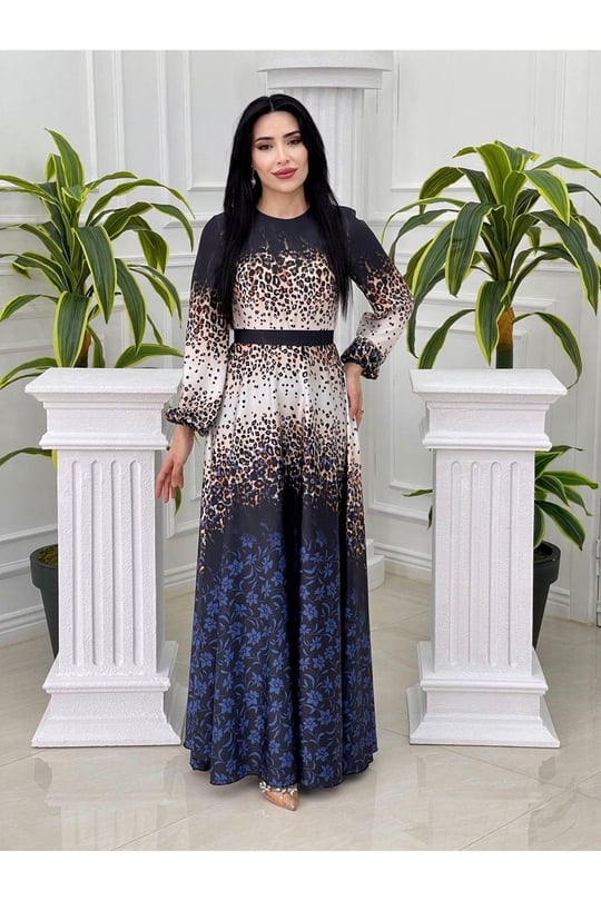 Sulu Desen Saten Elbise 4049-Saks