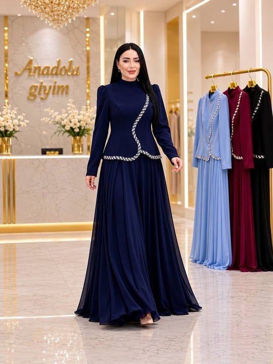 Taş Detay Eteği Şifon Takım Görünümlü Abiye 0970 T-26 Lacivert